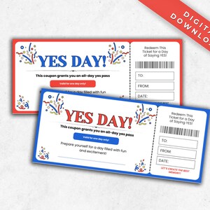 Yes Day Ticket Printable, Fun Day Ticket, Yes Day Voucher, Yes Day Coupon for kids, Yes Day Gift Certificate, Best Day Ever Birthday Present