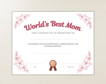 World's Best Mom Printable Certificate, Mother's Day Certificate, Mother's Day Gift, Mom Award, Mom Birthday Gift, Award Certificate