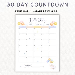 Pregnancy Countdown Calendar, 30 Days to Baby, Printable Baby Day Countdown, Baby Arrival Countdown
