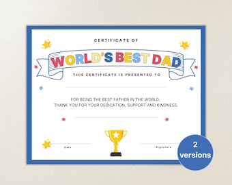 World's Best Dad Certificate, Father's Day Printable Certificate, Father Appreciation Gift, Presents for Dad, Dad Birthday Gift, Dad Award