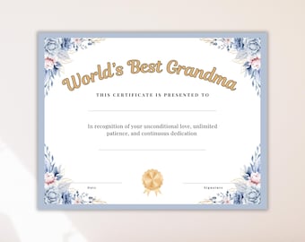 Best Grandma Certificate, Grandparents Day Gift, Mother's Day Gift for Grandma, Printable Award Certificate, Gift for Grandmother