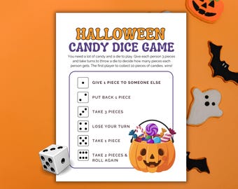 Halloween Candy Dice Game, Printable Party Activity for Kids, Holiday Classroom Games