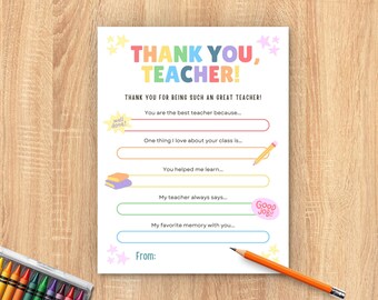 Teacher Appreciation Gift, Thank You Teacher Printable Letter Template, End of Year Card
