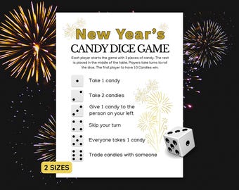 New Year's Eve Candy Dice Game, Printable Party Game, Activity for Kids, Family Games