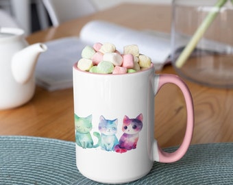 Cat Rainbow mug, 15 oz coffee cup, Kawaii Watercolor cat tea mug