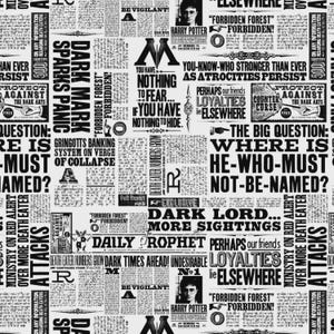 May include: A black and white fabric pattern featuring a collage of newspaper headlines and articles from the Daily Prophet. The text includes phrases like Dark Mark, Forbidden Forest, and Harry Potter, alongside various illustrations and columns.
