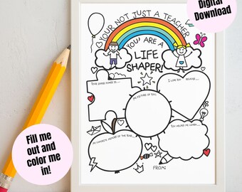Könnte beinhalten: Ein schwarz-weißes, druckbares Lehrer-Anerkennungs-Kunstdruck mit dem Text "Your not just a teacher, you are a life shaper!" und Ausfüllfeldern. Enthält einen Regenbogen, Wolken und einen Schmetterling. Der Text "Digital Download" ist ebenfalls sichtbar.