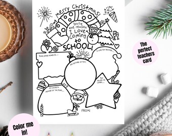Könnte beinhalten: Schwarz-Weiß-Malvorlage mit weihnachtlichen und schulischen Illustrationen. Der Text enthält "Merry Christmas!" und "You're the reason I love coming to school!" mit Freiflächen zur Personalisierung.