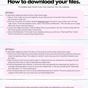 May include: A white and pink informational graphic from Digital Prints by Alida, titled "How to download your files." It provides step-by-step instructions for downloading digital purchases from Etsy, including via the Etsy website and email.