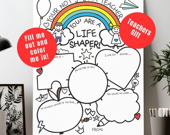 Könnte beinhalten: Ein weißer Leinwanddruck mit schwarzer Linienzeichnung, entworfen als Geschenk für Lehrer. Der Druck zeigt den Text "You're not just a teacher, you are a life shaper!" und enthält Ausfüllbereiche. Ein roter Kreis liest "Teachers Gift".