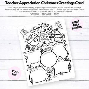 May include: Black and white printable Christmas card for teacher appreciation. The card features festive illustrations, including a snowman, Christmas tree, and Santa Claus. The card is designed to be a 5" x 7" card and includes space for personalization.