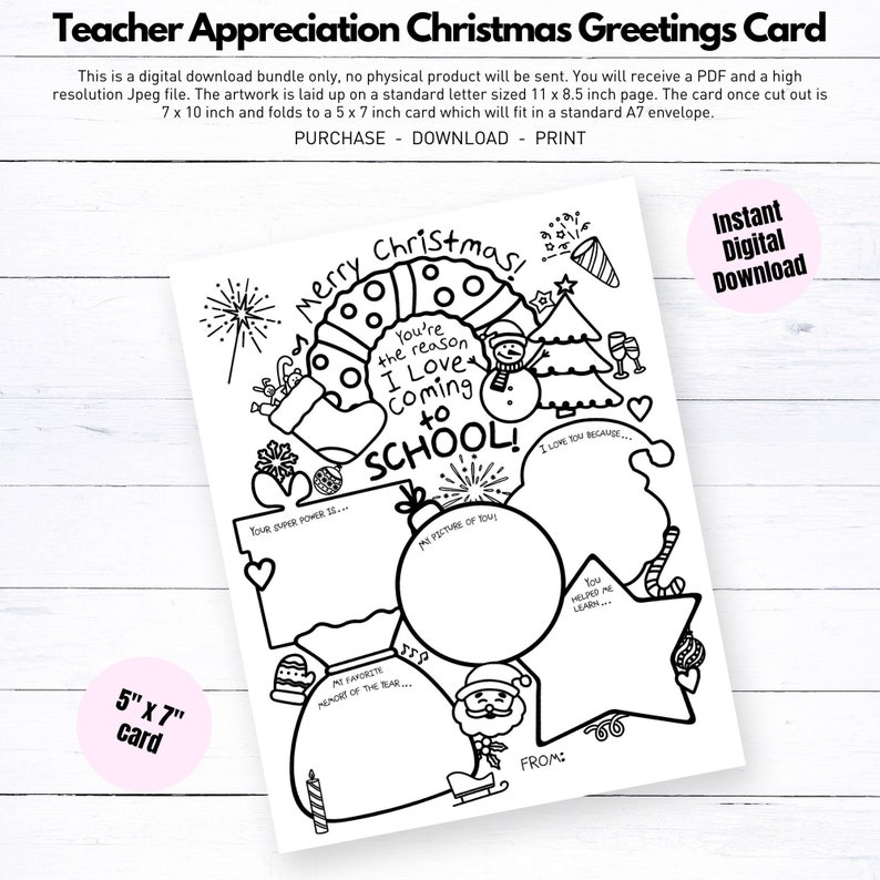 May include: Black and white printable Christmas card for teacher appreciation. The card features festive illustrations, including a snowman, Christmas tree, and Santa Claus. The card is designed to be a 5" x 7" card and includes space for personalization.