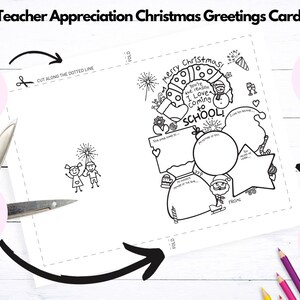 May include: A black and white Teacher Appreciation Christmas Greetings Card with the text "Merry Christmas! You're the reason I love coming to SCHOOL!" and "Instant Digital Download". Includes areas to color and write in.