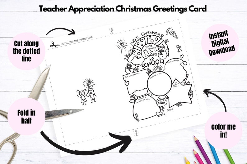 May include: A black and white Teacher Appreciation Christmas Greetings Card with the text "Merry Christmas! You're the reason I love coming to SCHOOL!" and "Instant Digital Download". Includes areas to color and write in.