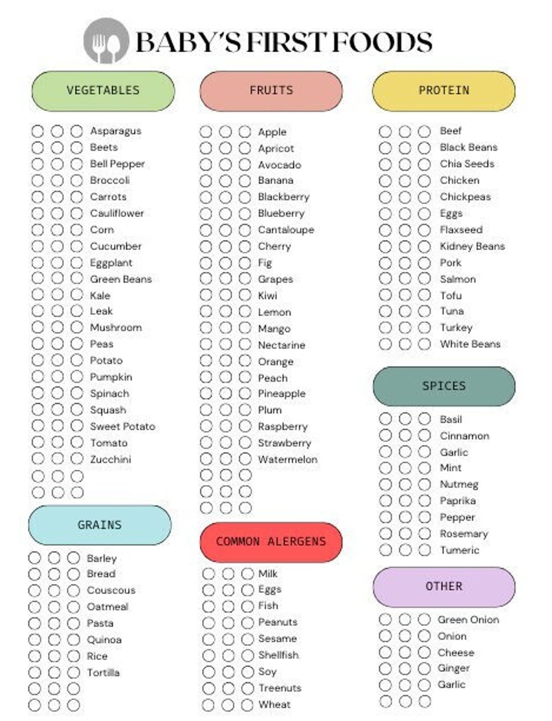 Baby's First Foods Checklist - Etsy