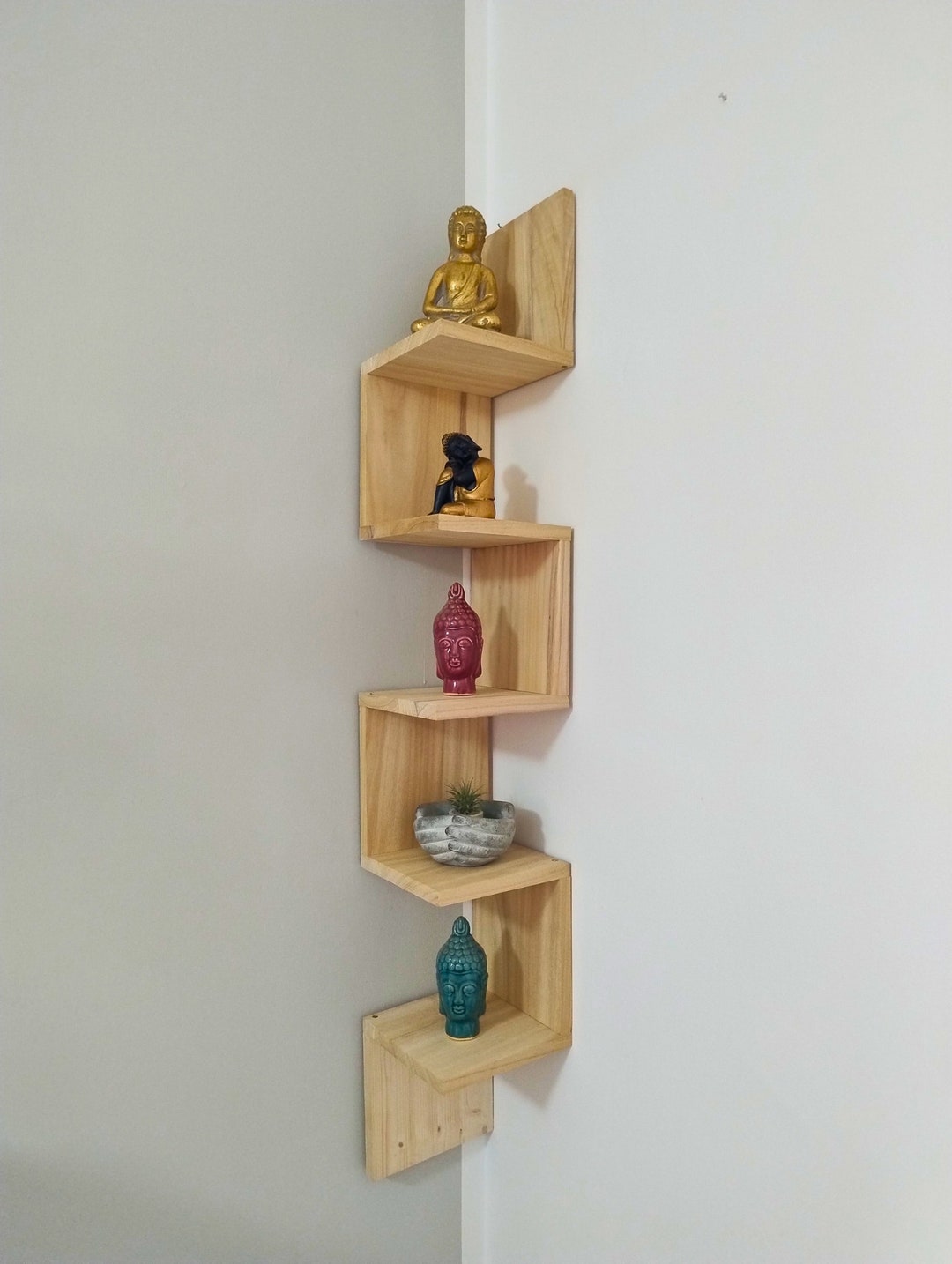 Handmade Wall Mounted Corner Shelf With 5 Shelves, Wooden Storage Unit