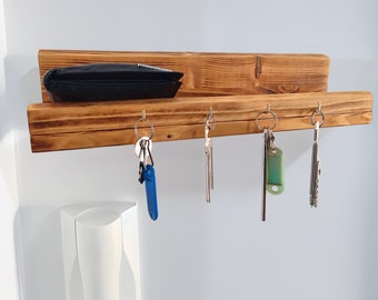 Handmade wooden shelf with key holder hooks, wooden storage shelf, shelf for entrance, bedroom, study.