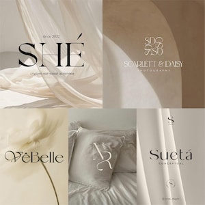 Può includere: Un collage di loghi ed elementi di branding in tonalità neutre. I loghi includono "SHÉ" con "since 2022" e testo cirillico, "Scarlett & Daisy Photography", "VeBelle" e "Suetá Conceptual". È presente anche un cuscino con "NR".