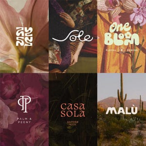 May include: A collection of six images showcasing logos and branding. The logos display text including "ay", "Sole", "One Bloom", "Palm & Peony", "Casa Sola", and "Malu". The designs incorporate floral and natural elements, using a warm colour palette.