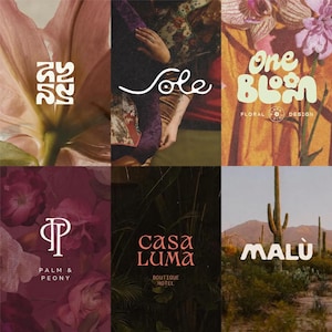 May include: A collage of six graphic design logos featuring various typography and imagery. Logos include text for Sole, One Bloom Floral Design, Palm & Peony, Casa Luma Boutique Hotel, and Malù, set against backgrounds of flowers, plants, and desert landscapes.