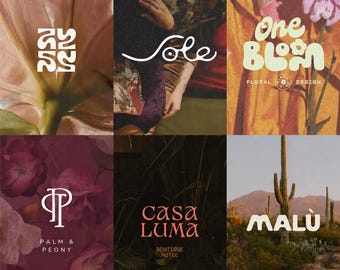Puede incluir: Un collage de seis logotipos de diseño gráfico con diversas tipografías e imágenes. Los logotipos incluyen texto para Sole, One Bloom Floral Design, Palm & Peony, Casa Luma Boutique Hotel y Malù, sobre fondos de flores, plantas y paisajes desérticos.