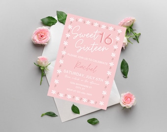 May include: Pink invitation card with a white floral border. The text reads "Sweet 16 Sixteen" in white script with a pink "16". The invitation is for Rachel's Sweet Sixteen party on Saturday, July 6th. The invitation includes the time, address, and RSVP information.