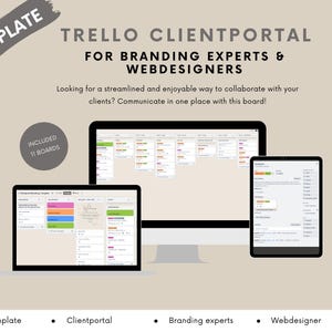 May include: A Trello template for branding experts and web designers. The template includes 11 boards for client communication and collaboration. The image shows two computer screens displaying the Trello boards.