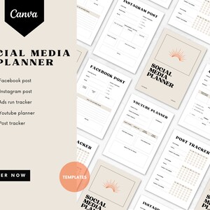 May include: A set of printable social media planner templates with a minimalist design. The templates include sections for Facebook, Instagram, YouTube, and ads run tracking. The templates are beige with a sunburst design.