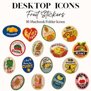May include: A collection of 16 digital fruit-themed stickers for Macbook folder icons. The designs feature various fruits like oranges, bananas, papayas, watermelons, kiwis, grapes, limes, and cherries, along with cartoon characters and text.