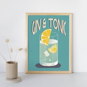 Gin & Tonic Drink Poster, Bar Cart Wall Art, Midcentury Modern Decor, Kitchen Art Print, Cocktail Lover Gift