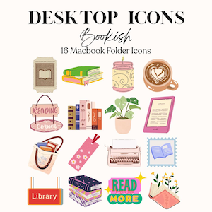 May include: A collection of 16 Macbook folder icons with a bookish theme. The icons include illustrations of books, a coffee cup, a candle, a plant, a Kindle, a tote bag, a bookmark, a typewriter, and a library sign.