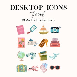 May include: Desktop icons for travel, featuring 16 Macbook folder icons. The icons include a passport, luggage tag, sailboat, camera, stamp, plane ticket, hotel key, stacked suitcases, globe, binoculars, map, airplane, suitcase, airplane, passport, and sunglasses.