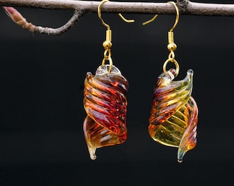 One of a Kind Blown Glass Earrings in Radiant Amber and Purple - Artisan-Crafted