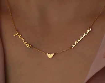 Collar personalizado de escritura a mano con dos nombres, oro de 18 k, joyería personalizada, collar con nombre, regalo personalizado, baby shower, regalo del día de la madre para ella