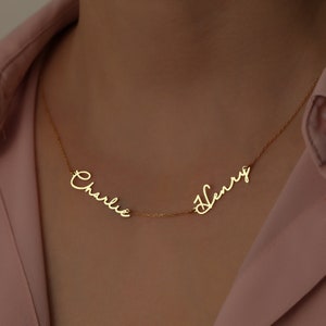 Personalisierte Handschrift-Halskette mit zwei Namen, 18 Karat Gold, individueller Schmuck, Namenskette, personalisiertes Geschenk, Babyparty, Muttertagsgeschenk für Sie Bild 2