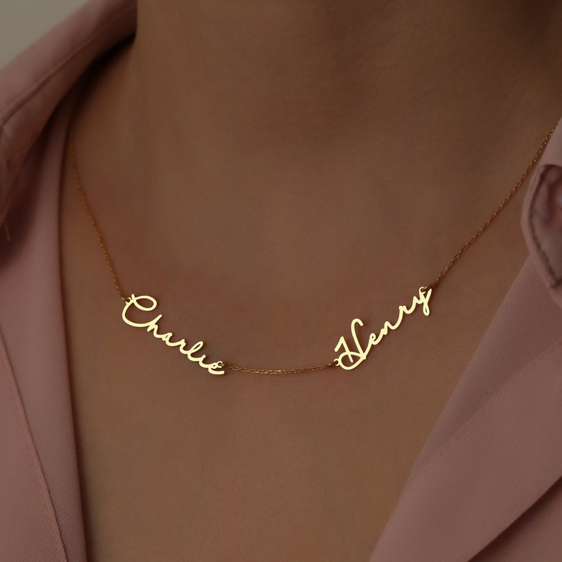 Personalisierte Handschrift-Halskette mit zwei Namen, 18 Karat Gold, individueller Schmuck, Namenskette, personalisiertes Geschenk, Babyparty, Muttertagsgeschenk für Sie Bild 2