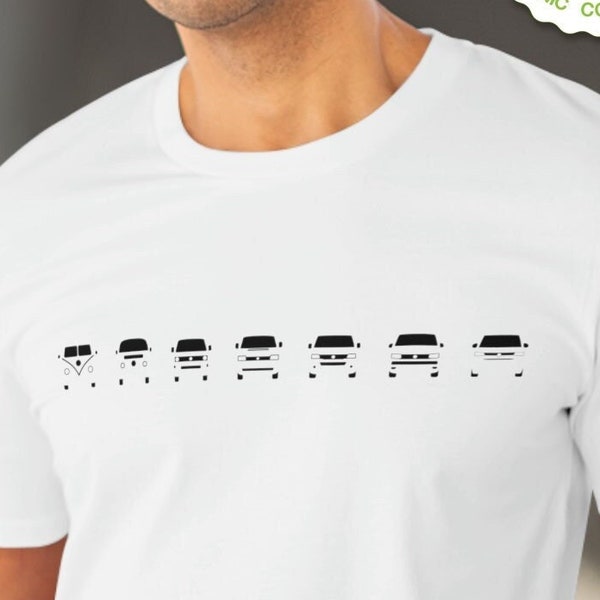 VW Bus Bulli Evolution T-Shirt mit  VW T1, VW T2, vw T3, vw T4, vw T5, vw T6, vw T7, T-Shirt Bulli Parade