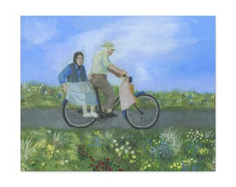 Home From the Market, Eastern European couple, naive art, couple on a bicycle - Canvas Gallery Wraps
