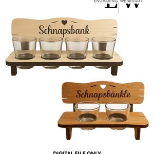 May include: Two wooden Schnapsbank shot glass holders with clear shot glasses. The top holder has four glasses, and the bottom holder has two. The text "Schnapsbank" and "Schnapsbänkle" are engraved on the holders.