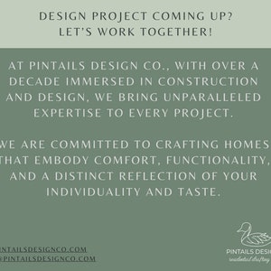 May include: Green background with white text that reads "DESIGN PROJECT COMING UP? LET'S WORK TOGETHER!"  At Pintails Design Co., with over a decade immersed in construction and design, we bring unparalleled expertise to every project. We are committed to crafting homes that embody comfort, functionality, and a distinct reflection of your individuality and taste.  Website: www.pintailsdesignco.com Email: hello@pintailsdesignco.com  Pintails Design Co. residential drafting + design  A white stylized image of a duck.