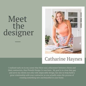May include: A woman with long blonde hair smiles at the camera while sitting at a table with a laptop and a notebook. The text "Meet the designer" and "Catharine Haynes" is visible in the image.