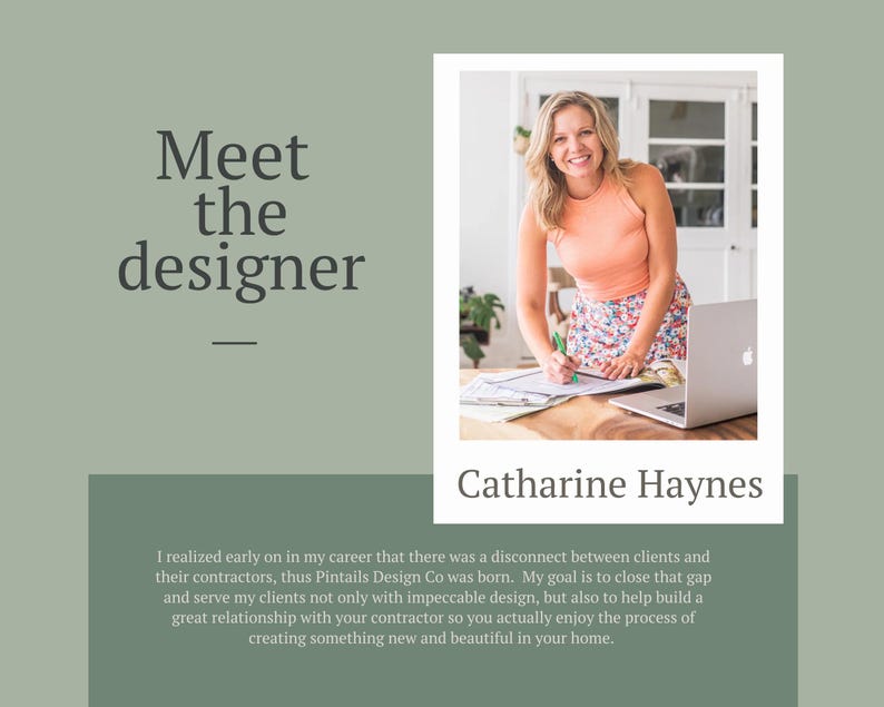 May include: A woman with long blonde hair smiles at the camera while sitting at a table with a laptop and a notebook. The text "Meet the designer" and "Catharine Haynes" is visible in the image.