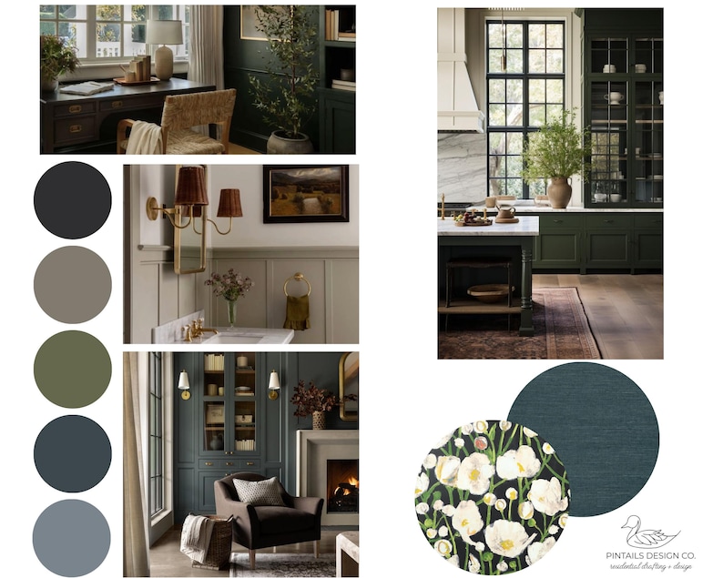 May include: A collage of interior design inspiration featuring a home office, bathroom, living room, and kitchen. The color palette is a mix of dark greens, grays, and blues. The image includes a floral pattern with white flowers on a black background.
