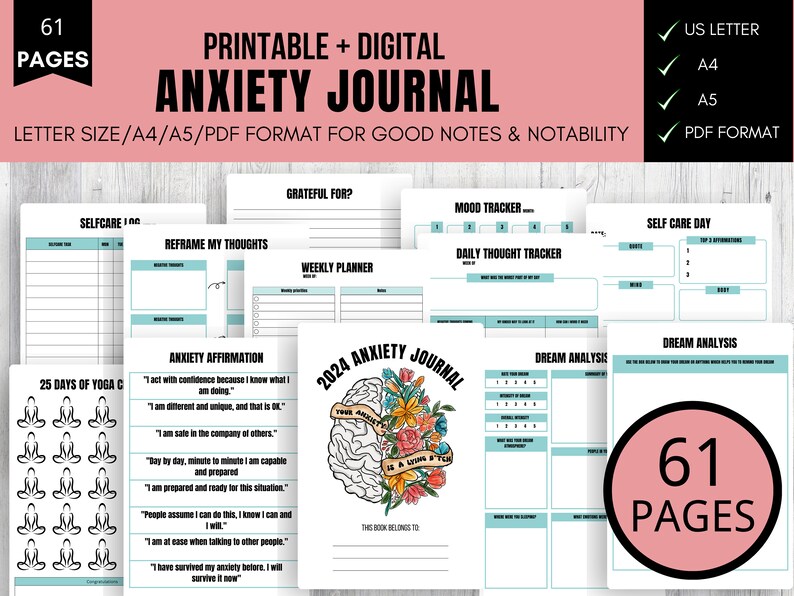 Anxiety Journal Printable, Digital Planner, Printable Planner, Digital Journal, Printable Journal, Mental Health Journal, Dream Journal image 1