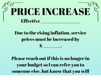 Price Increase for Estheticians How to Raise Prices in the Salon Price Increase for Skin Care Tech Price Increase Notice Raising Prices Sign