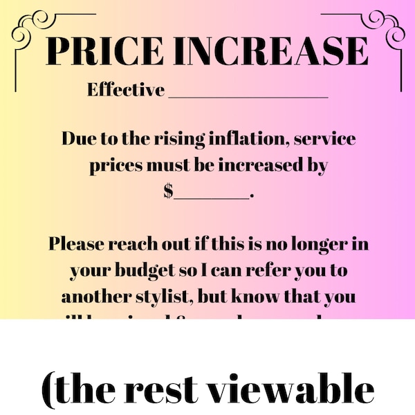 Price Increase for Hairstylists Sign for Raise Prices in the Hair Salon Increase Price Notice for Salon Stylists Raising Hair Prices Sign