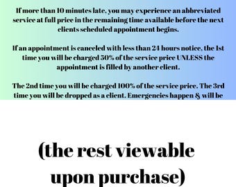 Salon Late Policy Sign, No Shows, Cancellation Notice (PDF)
