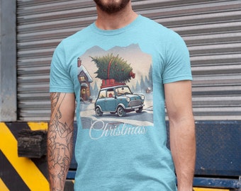 Classic Mini Christmas Tree Car T-Shirt | Festive Mens Tee
