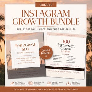 Può includere: Un pacchetto di crescita Instagram per fotografi, con due guide digitali. Una guida si concentra sulla strategia SEO, l'altra offre 100 didascalie e hashtag di Instagram. Il pacchetto promette di aiutare i fotografi a farsi trovare, seguire e prenotare.