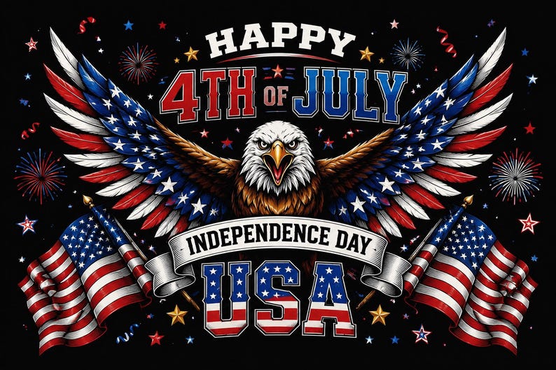 May include: A graphic illustration on a black background featuring a bald eagle with wings spread, colored like the American flag. Text reads HAPPY 4TH OF JULY, INDEPENDENCE DAY, and USA. Two American flags flank the eagle, surrounded by fireworks.